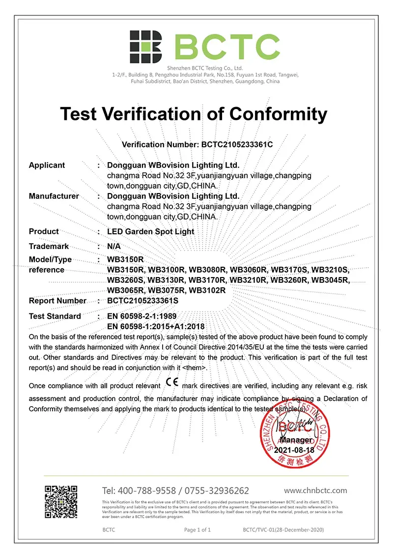 BCTC LED Garden Lights Test Verification of Conformity