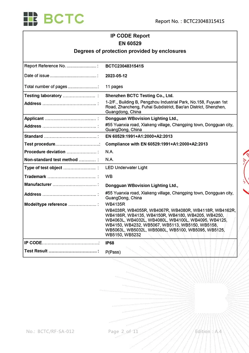 LED Underwater Lights BCTC IP68 Certification_